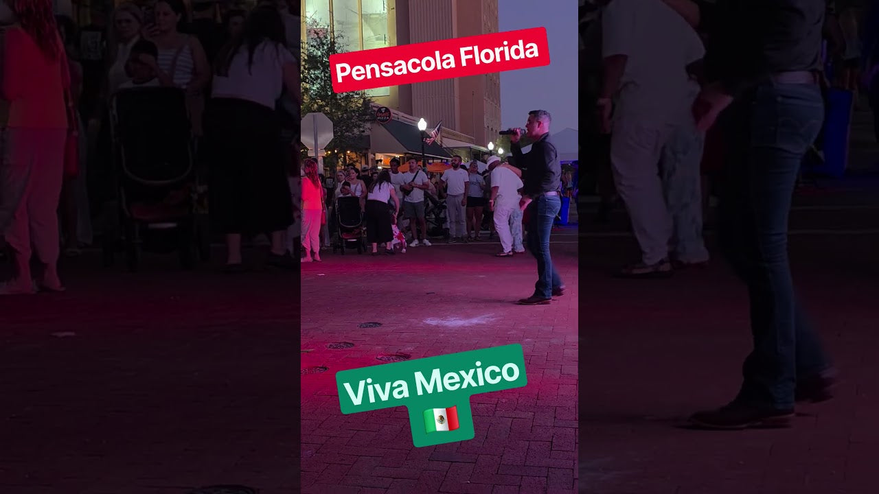 Gallery Night in Pensacola, a singer with a microphone under red lights with the crowd around him