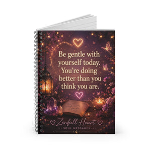 Be Gentle With Yourself Today notebook open, showing lined pages