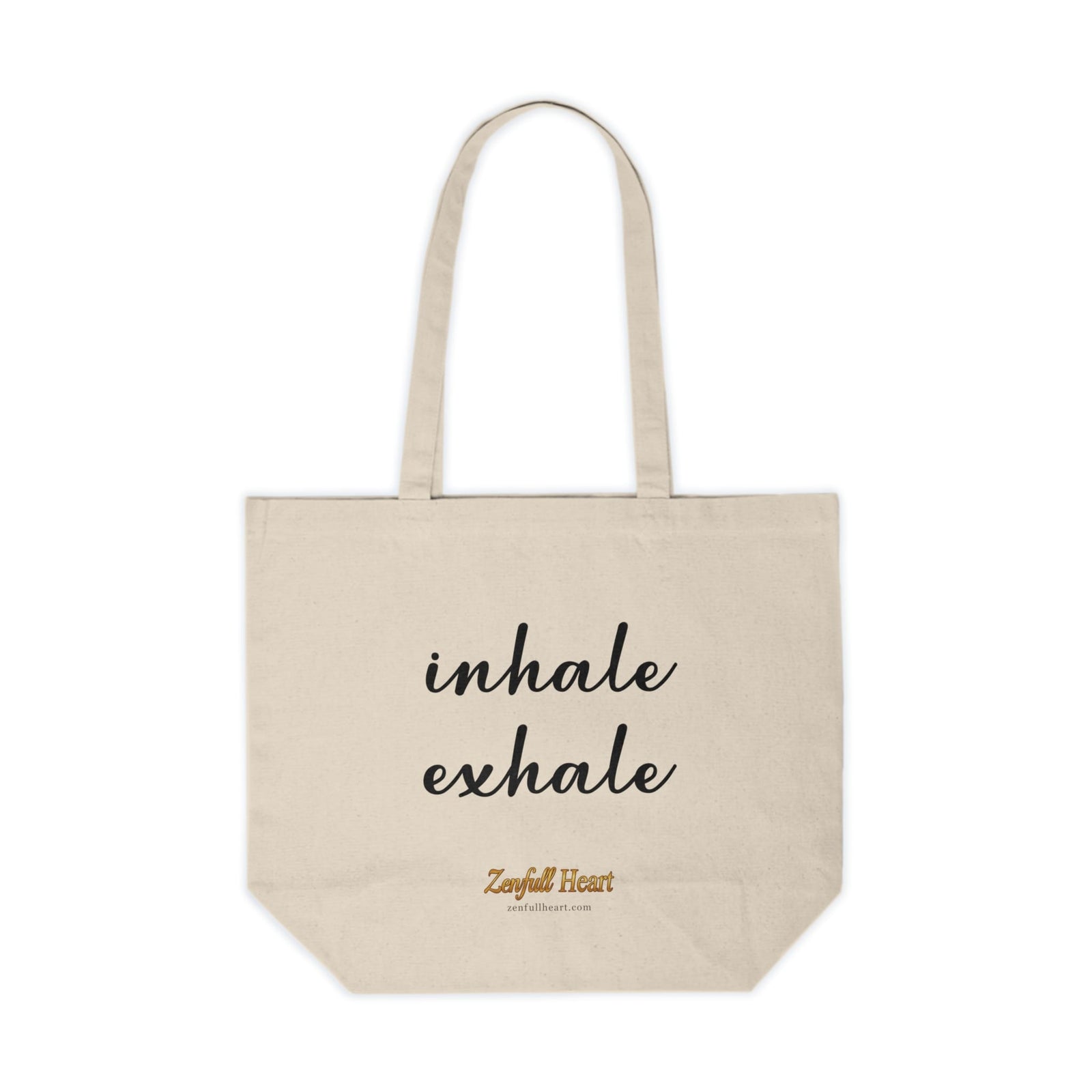 Inhale Exhale breathing affirmation printed on a natural canvas tote bag