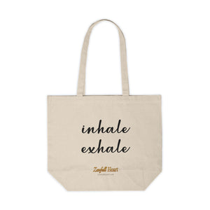 Inhale Exhale breathing affirmation printed on a natural canvas tote bag