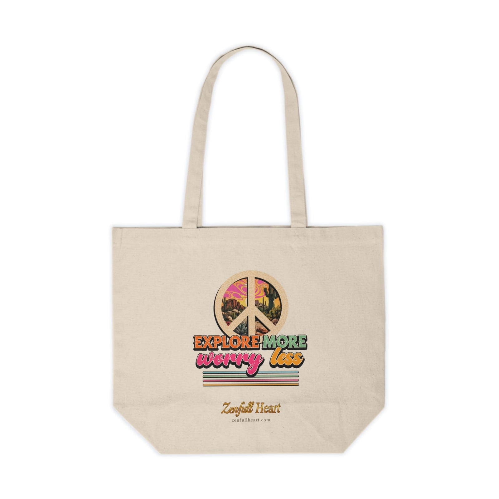 Explore More Worry Less colorful affirmation on a natural canvas tote bag