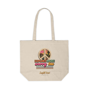Explore More Worry Less colorful affirmation on a natural canvas tote bag