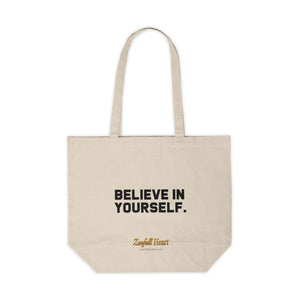 Believe In Yourself motivational affirmation on a natural canvas tote bag