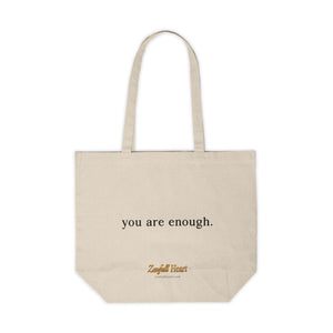 You Are Enough self love affirmation printed on a natural canvas tote bag