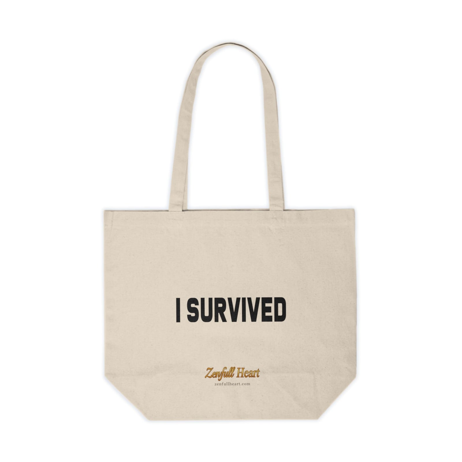 I Survived healing affirmation printed on a natural canvas tote bag