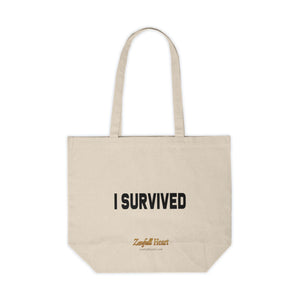 I Survived healing affirmation printed on a natural canvas tote bag