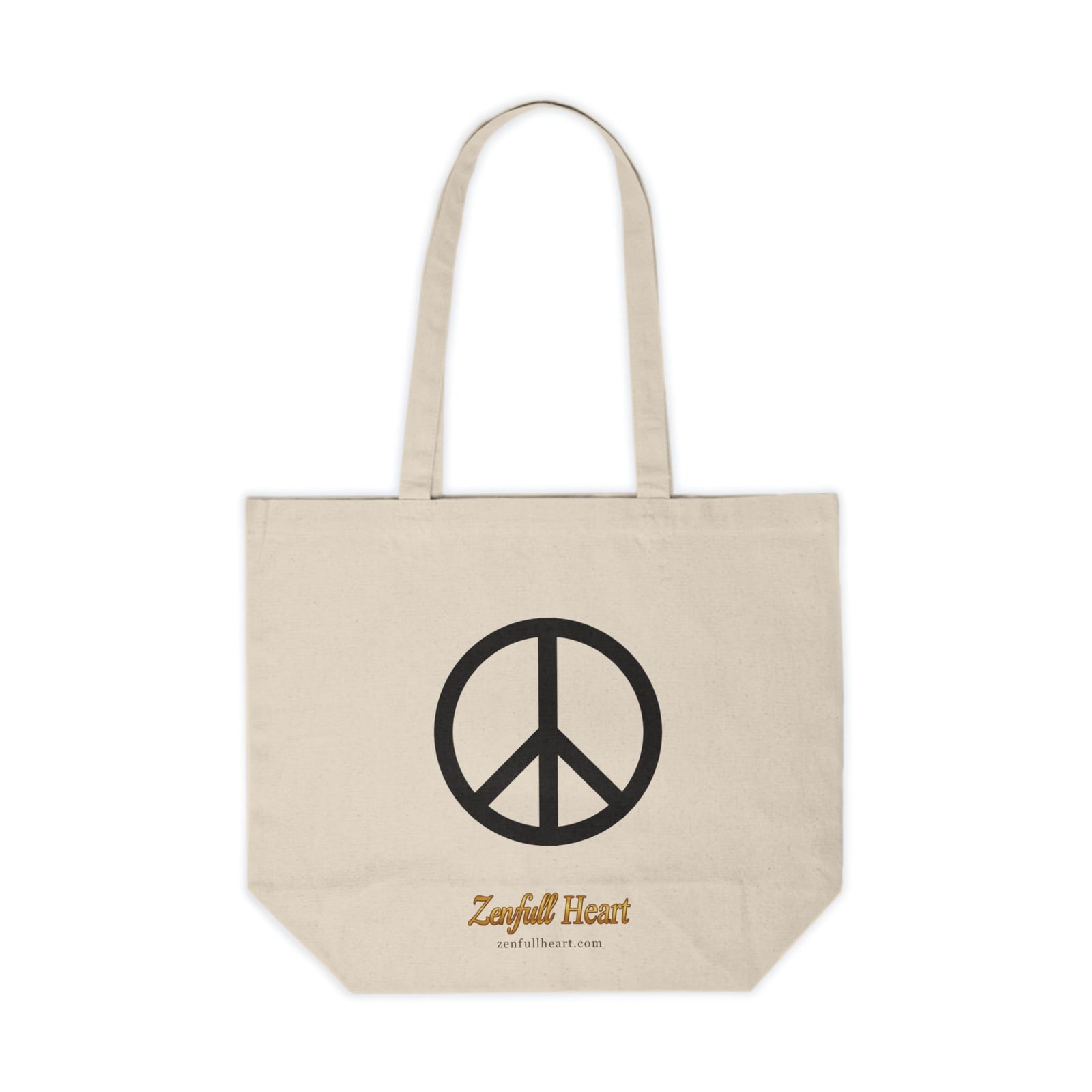 Classic Peace Sign Tote Bag, natural canvas with charcoal peace symbol and Zenfull Heart signature, front