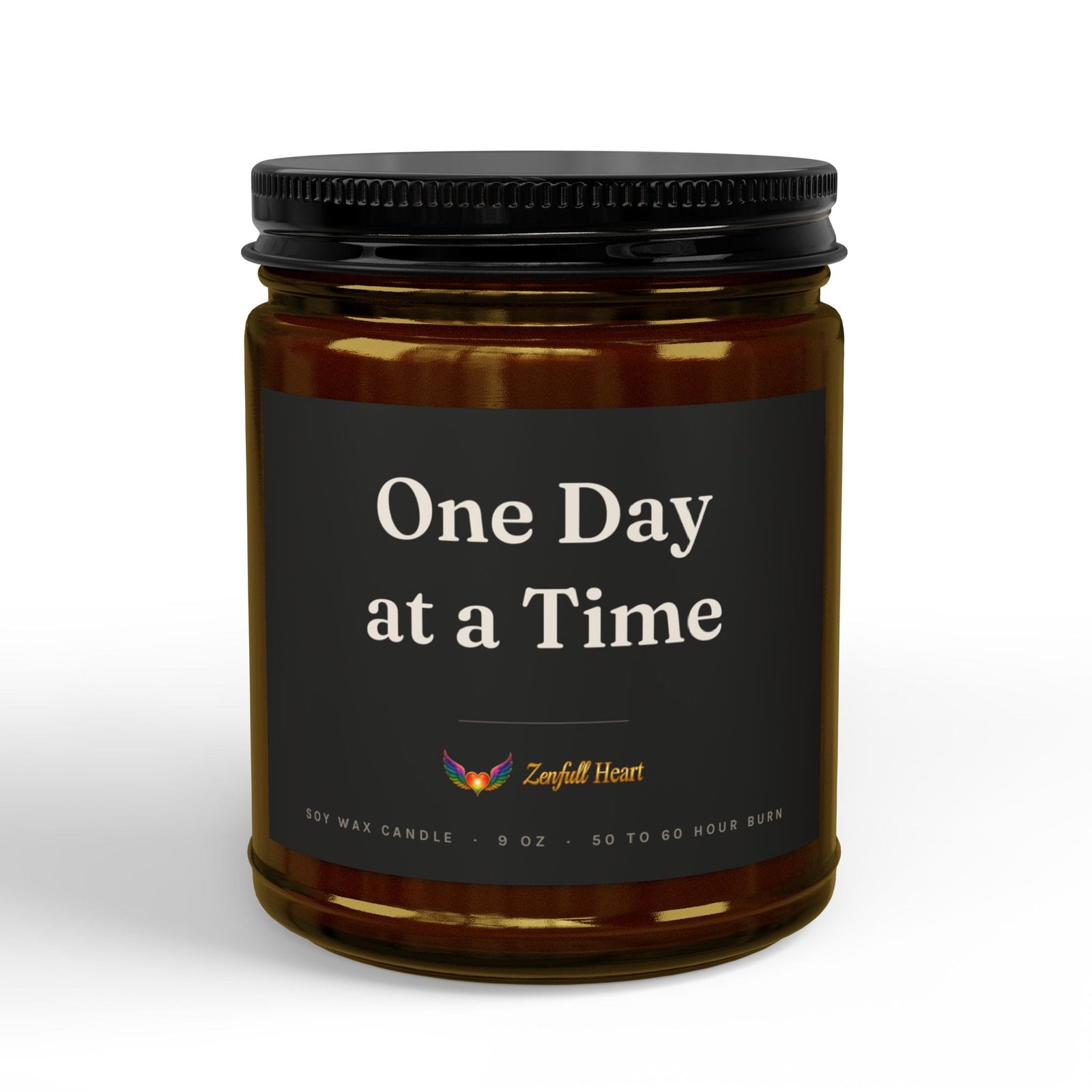 One Day at a Time affirmation soy candle in amber glass, Zenfull Heart