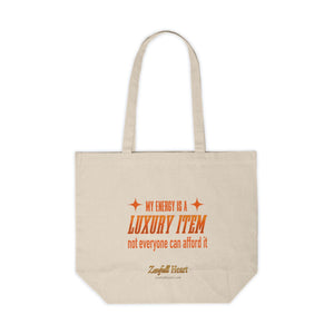My Energy Is A Luxury Item boundaries affirmation on a natural canvas tote bag