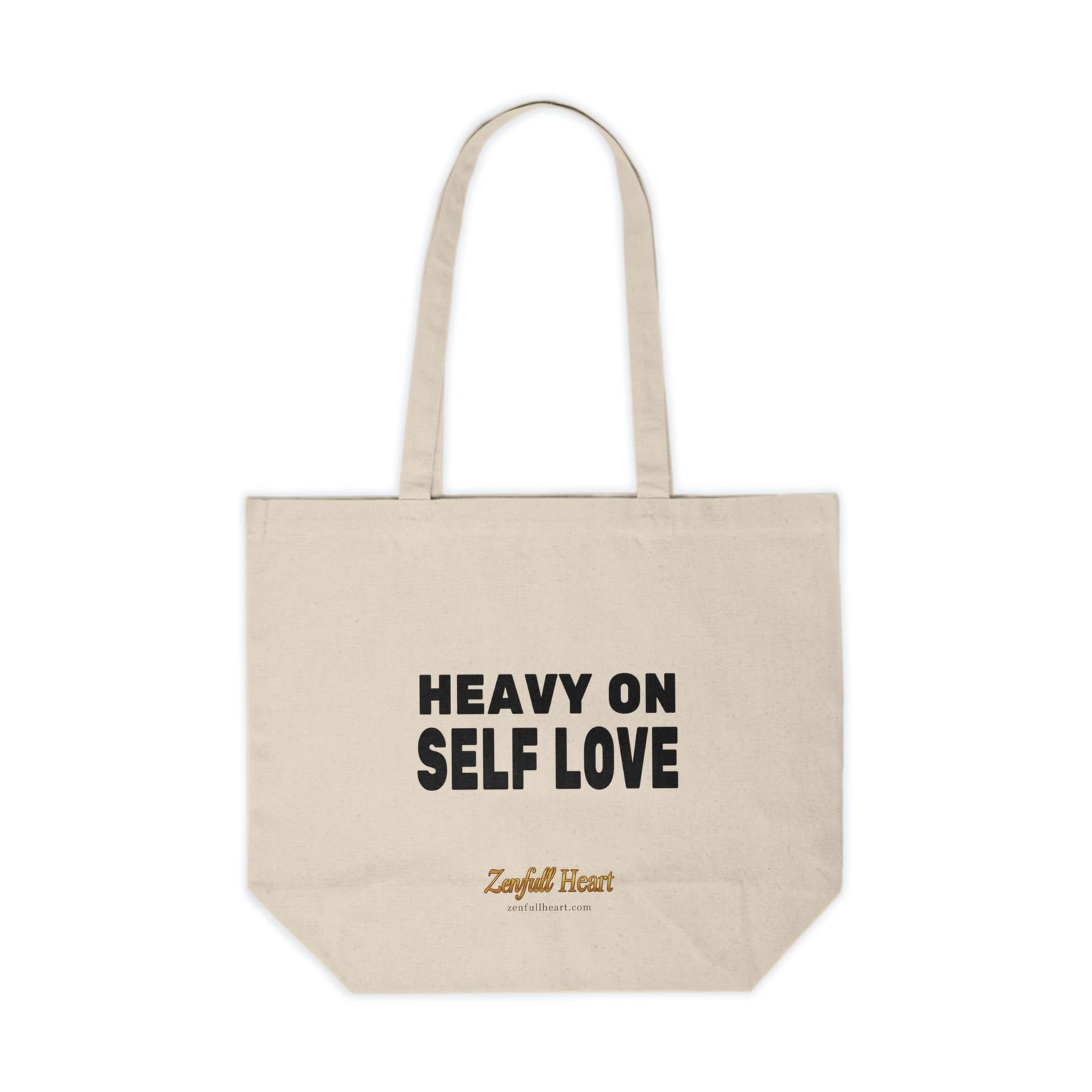 Heavy On Self Love self care affirmation on a natural canvas tote bag