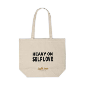 Heavy On Self Love self care affirmation on a natural canvas tote bag