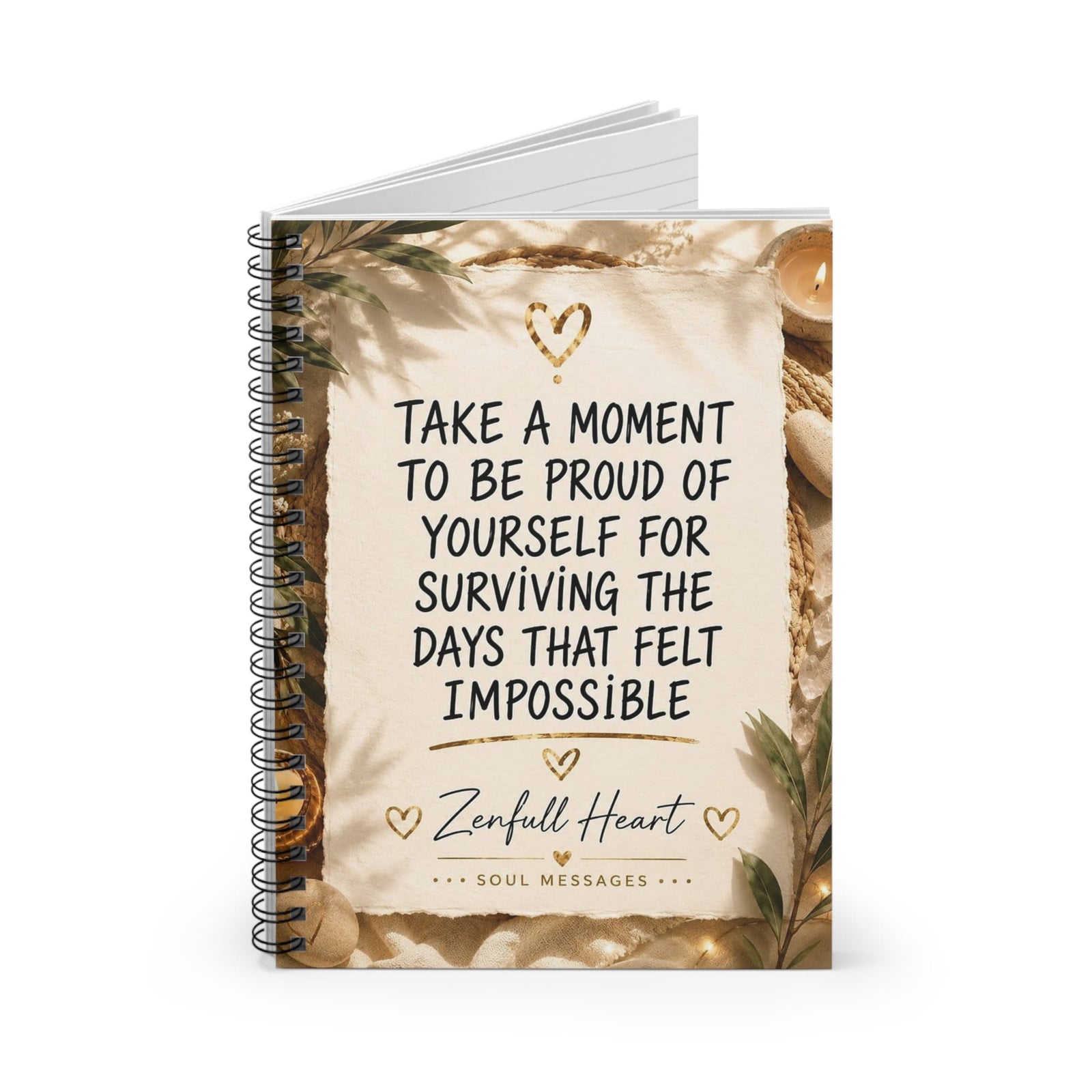 Proud Of Yourself For Surviving affirmation spiral notebook, front cover, Zenfull Heart