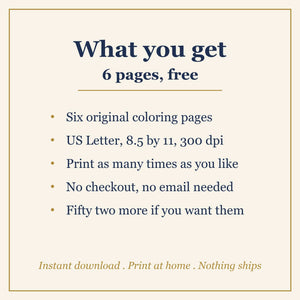 What is included in the six free coloring pages download